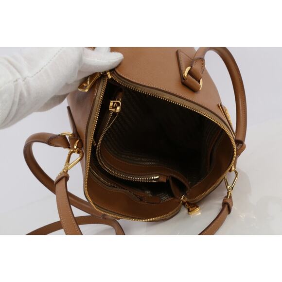 Prada Saffiano Lux Promenade Tan Brown Leather Double Zip Medium Satchel Bag - Picture 15 of 16